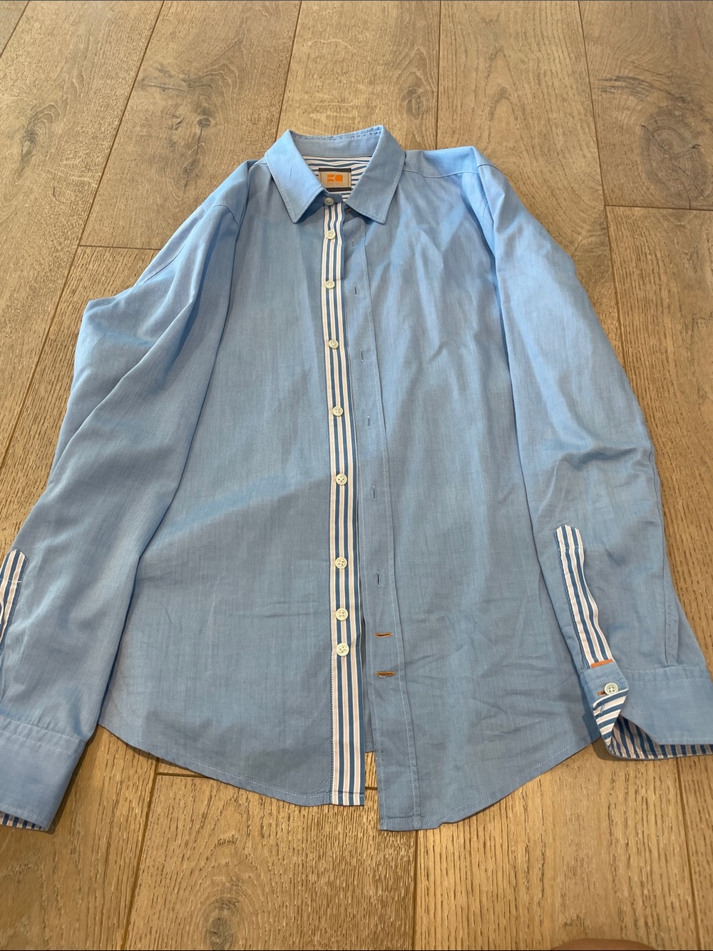 BOSS ORANGE Light Blue Button-Down Shirt with Stripe Trim